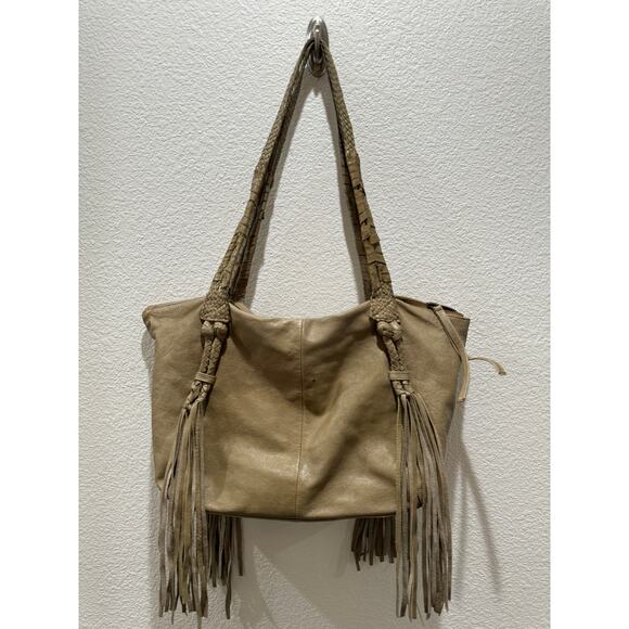 DAY & MOOD Khaki Green Leather 10 x 12 Slouchy Fringed Handbag - Picture 1 of 15